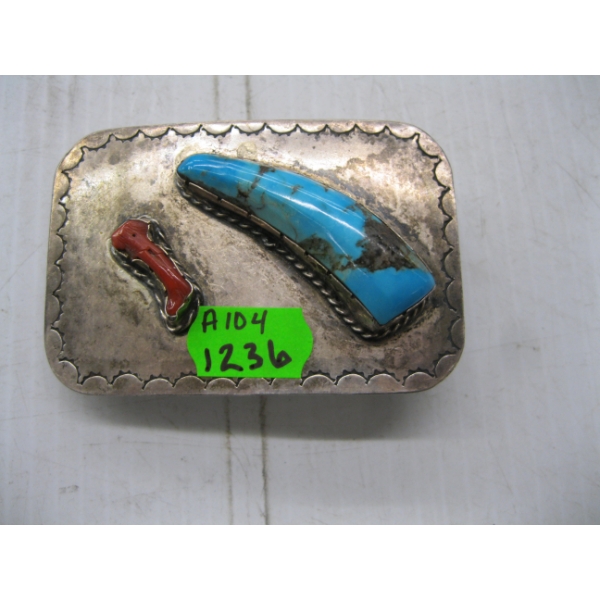 SILVER TURQUOISE & CORAL NAVAJO BELT BUCKLE