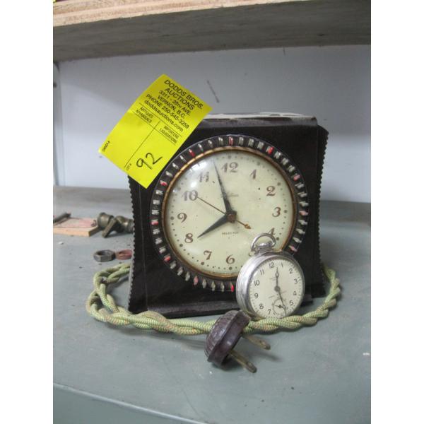 BAKELITE TIMER CLOCK, WESTCLOX POCKET WATCH & SM. WOODEN LIDDED BARREL CAPS CONTAINER