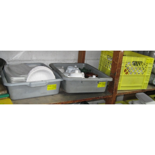 3 PLASTIC CONTAINERS OF ASST. DISHWARE, TEAPOTS, ETC.