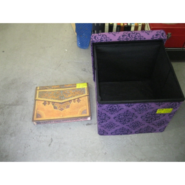 PURPLE UPHOLSTERED STORAGE BOX & A FILE HOLDER