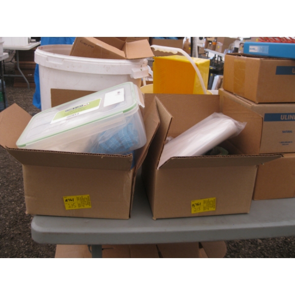 2 BOXES OF MISC. LIGHTS, PLASTIC BAGS, SHELF BRACKETS, ETC.