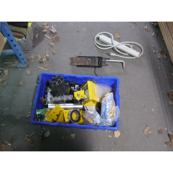 BIN OF MISC. FOOT PUMP, CAR PARTS, ETC.