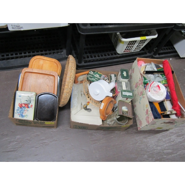3 BOXES OF MISC. CANDLES, TINS, TRAYS, ETC.