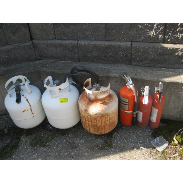 3 PROPANE BOTTLES, PROPANE HOSE & 3 FIRE EXTINGUISHERS