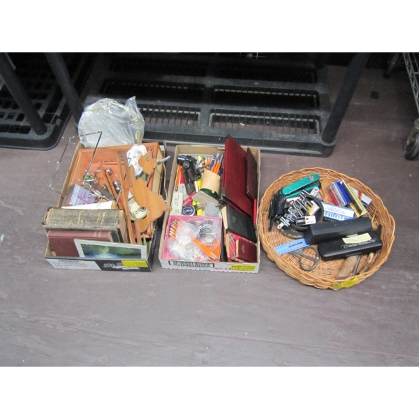 2 BOXES & BASKET OF MISC. OFFICE ACCESS., BIBLES, ETC.