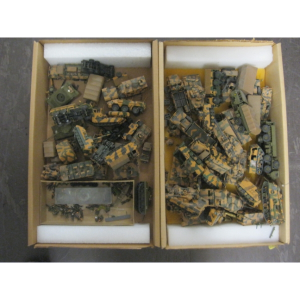 2 BOXES OF ASST. ARMY TANKS, TRUCKS, FIGURINES, ETC.