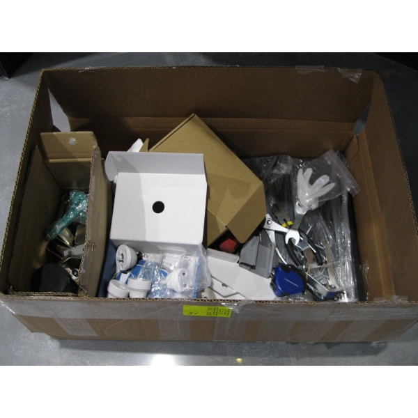 BOX OF MISC. TOOLS, HARDWARE, ETC.