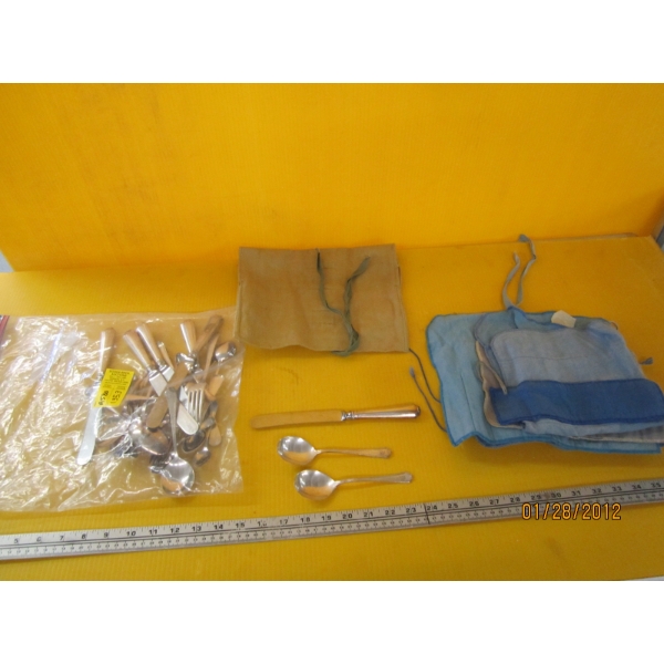 BAG OF SILVERWARE & CLOTH HOLDERS