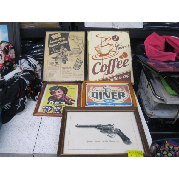FRAMED PICTURES, ADVERTISEMENTS, ETC.