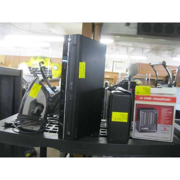 MISC. DVD/VHS PLAYER, EXTENSION CORDS, ELECTRIC HEATER & IRON