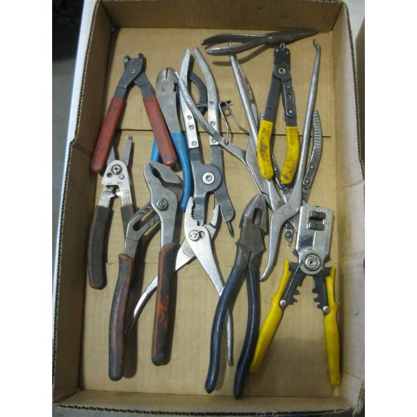 BOX OF ASST'D TOOLS, PLIERS, SNAP RING, ETC.
