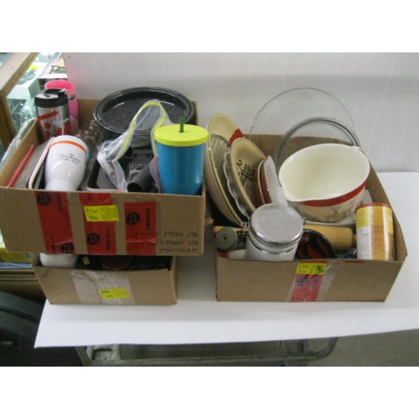 3 BOXES OF MISC. DISHWARE, SPICES, ETC.
