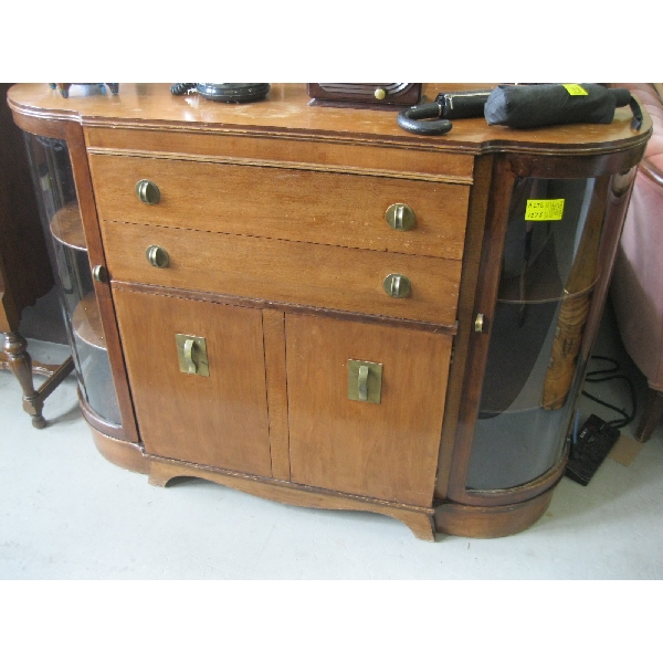 ANTIQUE CURVED GLASS SIDEBOARD CABINET