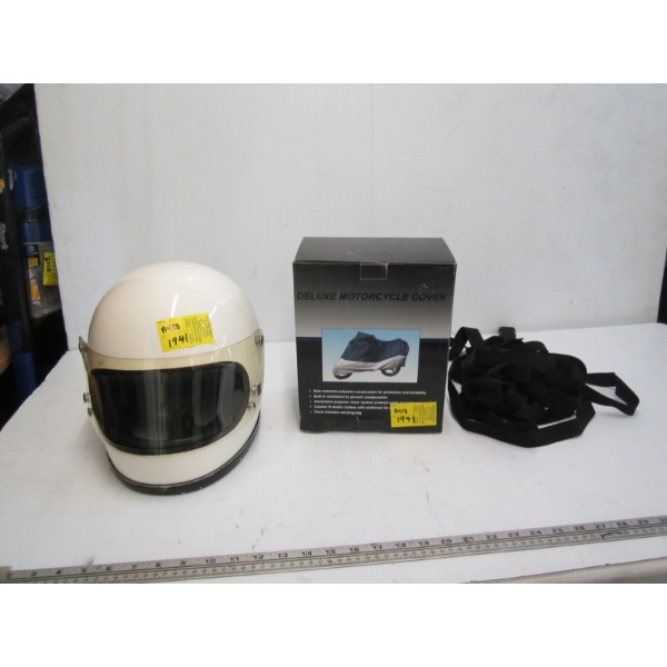 WHITE MOTORCYCLE HELMET W/FACESHIELD & DELUXE MOTORCYCLE COVER IN BOX