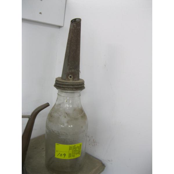 VINTAGE OIL CAN W/GLASS BOTTLE & SPOUT