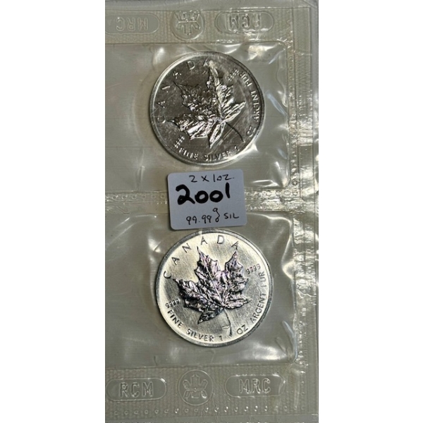 2 - 1OZ .999 SILVER 2001 CDN MAPLE LEAF COINS (TAX EXEMPT)