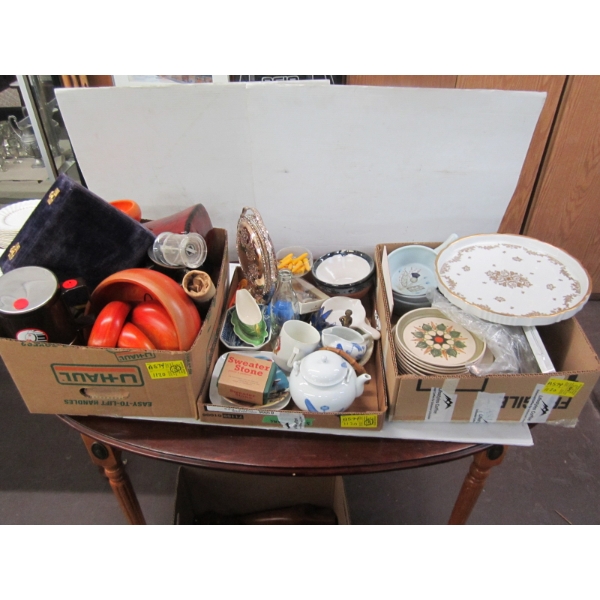 3 BOXES OF MISC. PLATES, WOODEN BOWLS, CHINA DISHES, ETC.