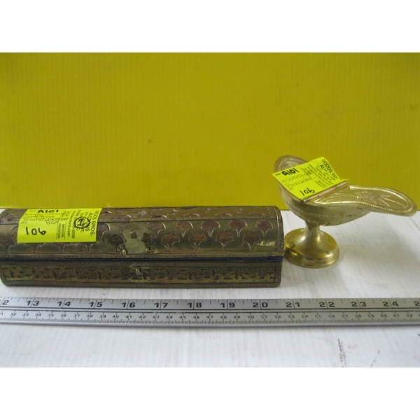 INCENSE BOAT & A BRASS TRINKET BOX, LINED