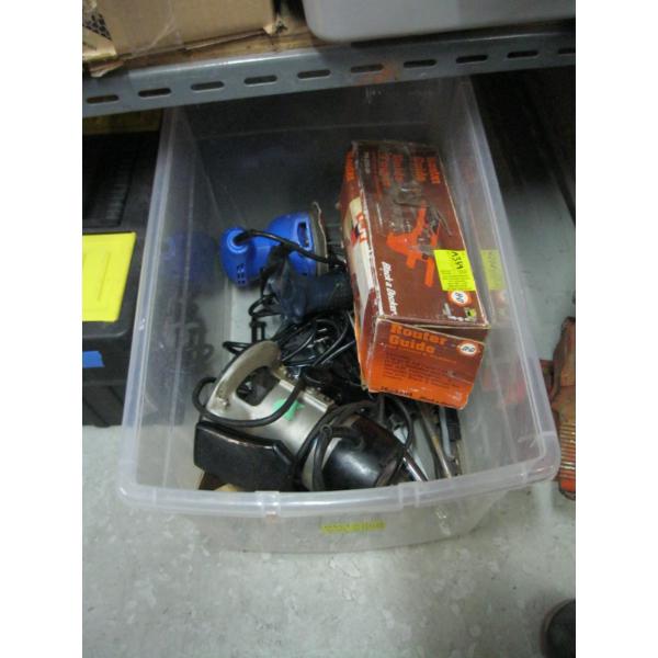 BIN W/MISC. PALM SANDER, ROUTER, DRILL BITS, ETC.