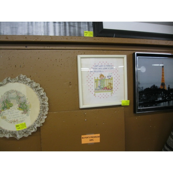 2 NEEDLEPOINT PICTURES & FRAMED EIFFEL TOWER PICTURE