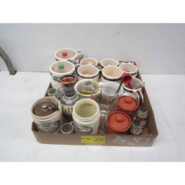 MISC. NATIVE THEME MUGS, VASES, LIDDED CONTAINERS, ETC.