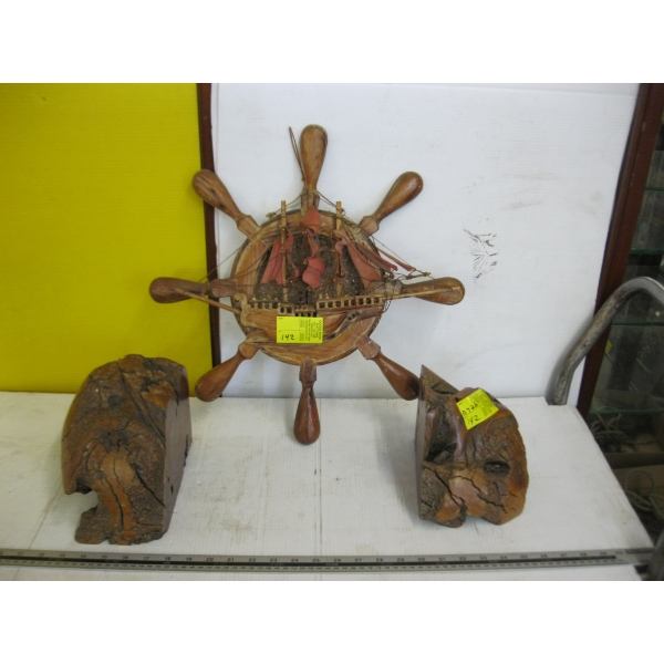 2 BURL BOOKENDS & A WALL MOUNT SHIP WHEEL