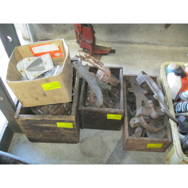 LG. LOT OF MISC. BARN TROLLEYS, NUTS & BOLTS, ETC.