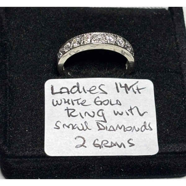 LADIES 14KT WHITE GOLD RING W/SM. DIAMONDS, 2G, SZ 4