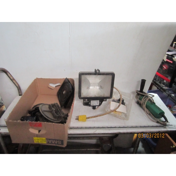 MISC. HITACHI ANGLE GRINDER, FLOODLIGHT, CARBURETOR, ETC.