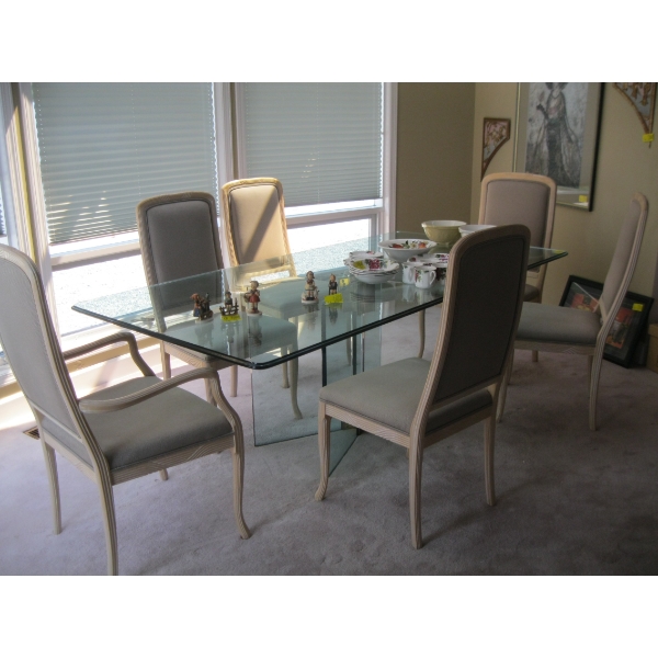 LG. GLASS TOP DINING TABLE W/6 CHAIRS