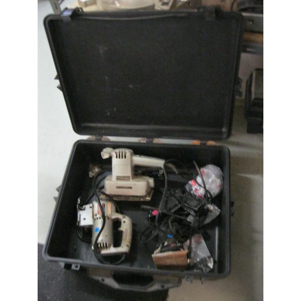 PLASTIC STORAGE BIN W/SANDERS, GLUE GUN & JIGSAW