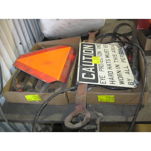 2 BOXES OF MISC. - SIGNS, CABLE, SLING, HAMMERS, ETC.