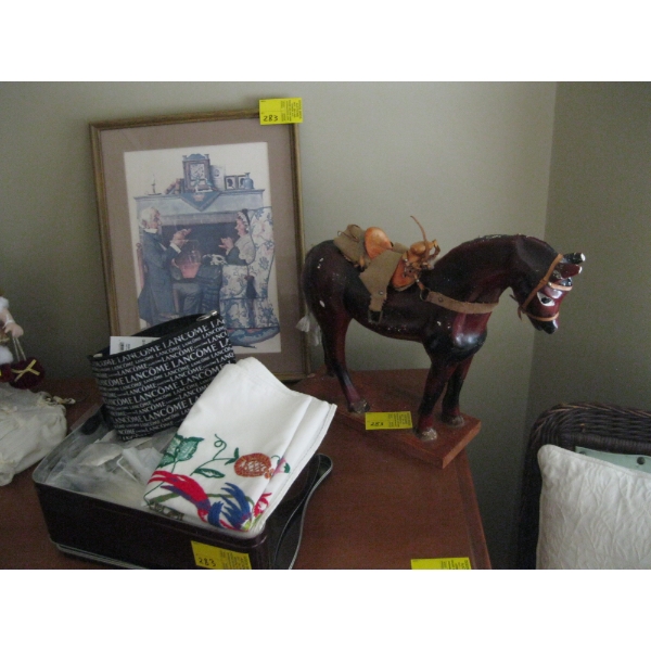VINTAGE HORSE FRAMED ROCKWELL PRINT & ASST. BUTTONS