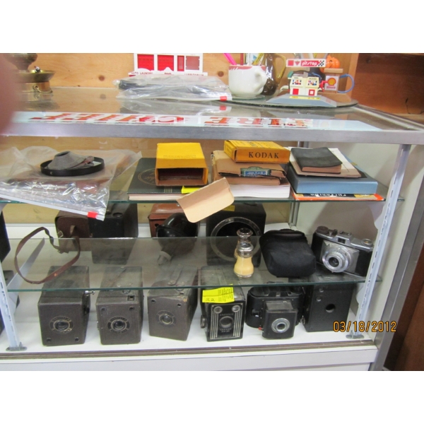 LG. LOT OF ASST. CAMERAS, ACCESSORIES, VINTAGE OPERA GLASSES, ETC.