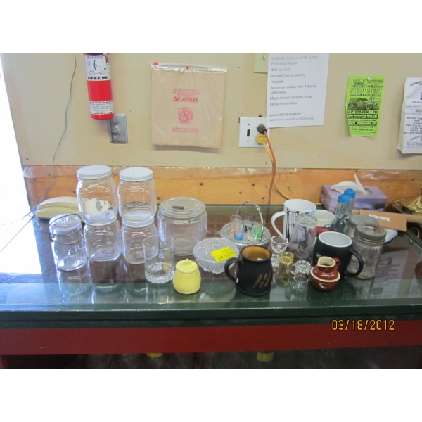 MISC. LIDDED CANNISTER JARS, SHOT GLASSES, BOTTLES, ETC.