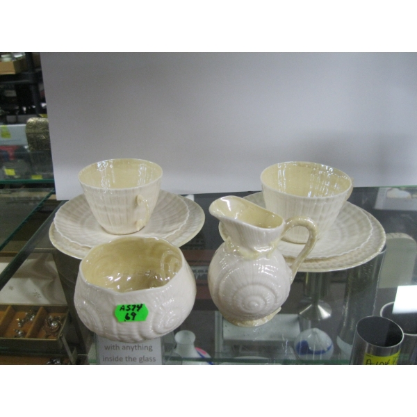 BELLEEK 2 TEACUPS, 2 SIDE PLATES & CREAM & SUGAR