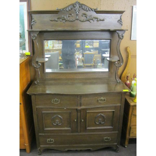 ANTIQUE MIRRORED BACK SIDEBOARD W/BEVEL EDGE MIRROR