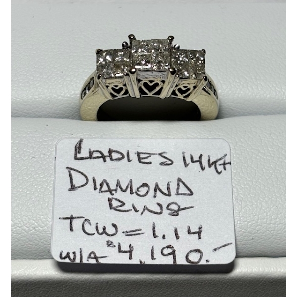 LADIES 14KT DIAMOND RING, TCW 1.14, W/A $4,190, SZ 4.5