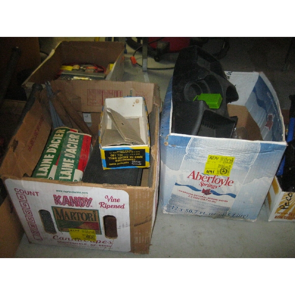 2 BOXES OF MISC. HARDWARE ACCESS., SM. TOOLBOX, WOODEN MALLETS, ETC.