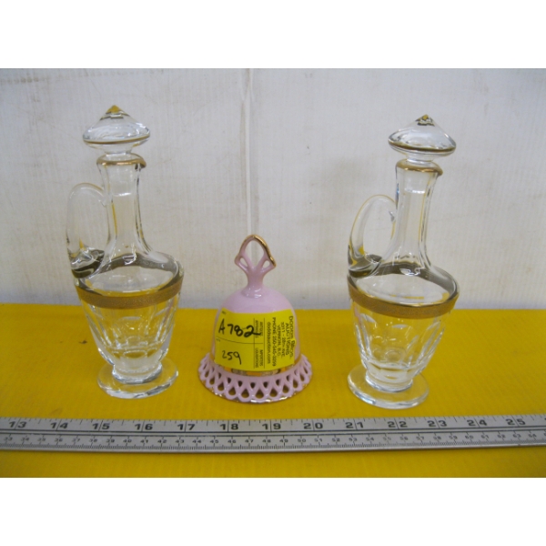 2 SM. MOSERS CRYSTAL DECANTERS W/24KT GOLD RIMS & PINK CHINA BELL
