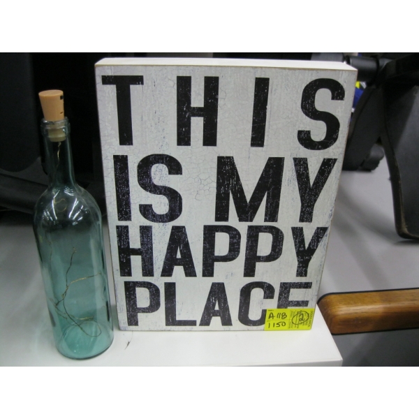 "THIS IS MY HAPPY PLACE" SIGN & WINE BOTTLE W/TWINKLE LIGHTS