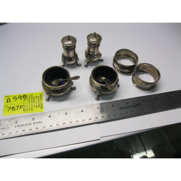 STERLING SILVER NAPKIN RINGS, S&P SHAKER & 2 SALT BOWLS W/SPOONS