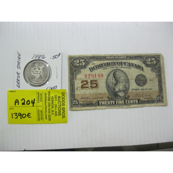 1923 25 CENT DOMINICAN OF CANADA SHIN PLASTER & 1986 50 CENT COIN UNCIRCULATED