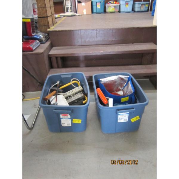 2 BINS OF MISC. LIGHTS, HEATER, JUMPER CABLES, ETC.