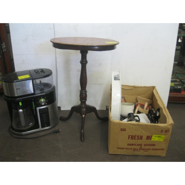 MISC. COFFEEMAKER, SMALL ANTIQUE TABLE