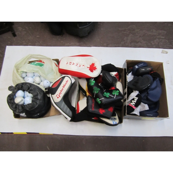 3 BOXES OF ASST. GOLF CLUB COVERS, BALLS, ETC.