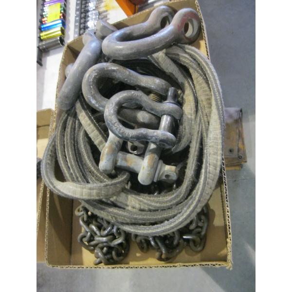 BOX OF ASST'D CLEVISES, CHAIN, SLING, ETC.