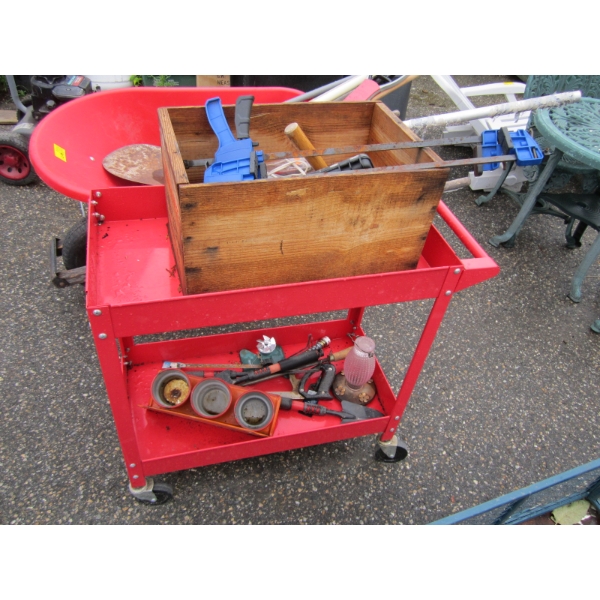 ROLLING RED TOOL CART W/MISC. GARDEN SUPPLIES & BIN OF MISC. TOOLS