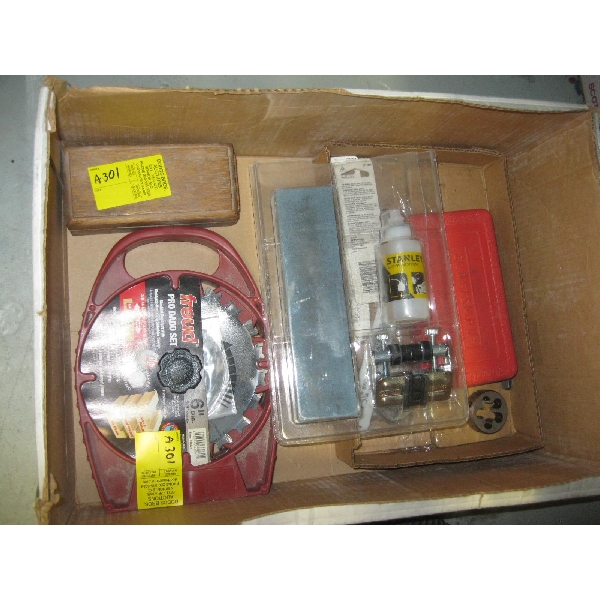BOX W/MISC. DADO BLADE SET, SHARPENING STONE, TAPS, NUT & SCREW EXTRACTORS, ETC.
