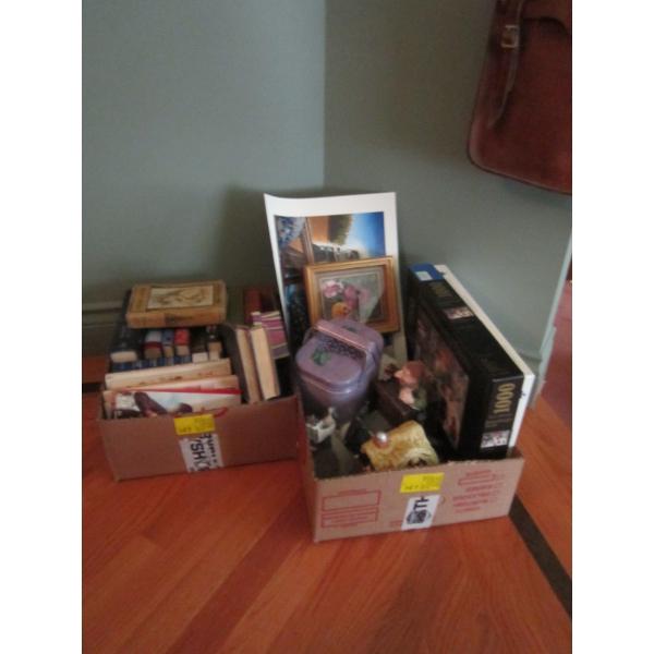 2 BOXES OF MISC. BOOKS, PUZZLE, PICTURES, ETC.
